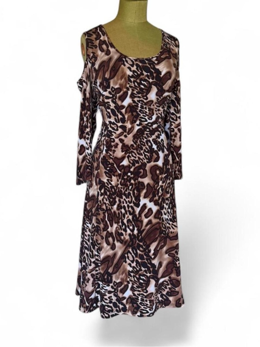 SUSAN GRAVER Plus Sz 3X Dress Brown Black Animal Print Liquid Knit Cold Shoulder